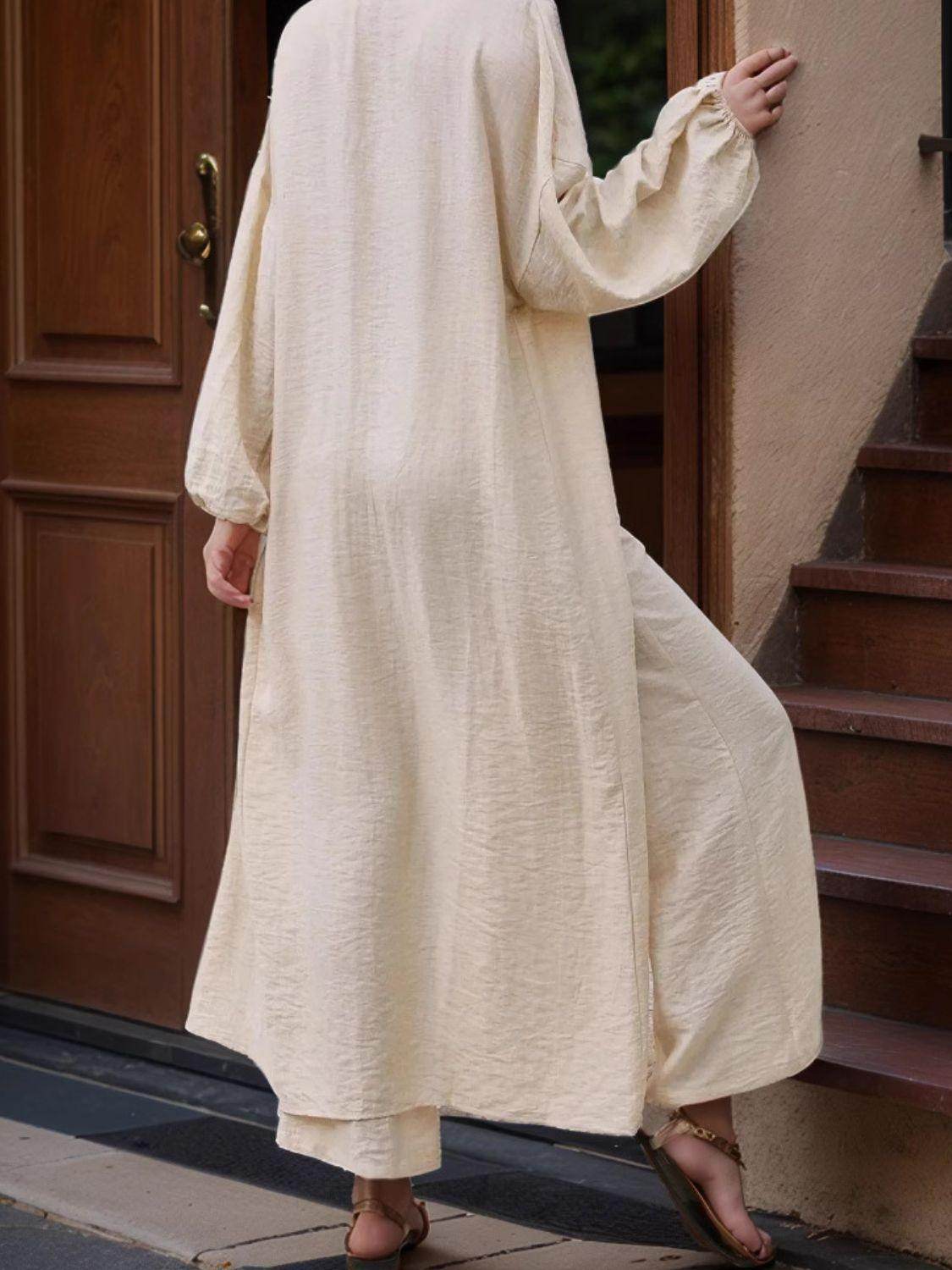 Open Front Balloon Sleeve Cardigan and Pants Set for Women - Selvanelle