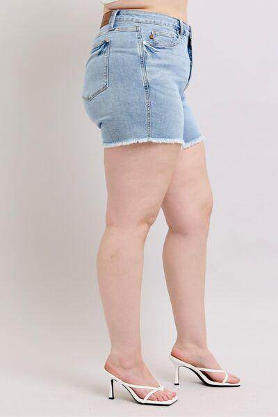 Judy Blue Full Size Tummy Control Raw Hem Denim Shorts Plus Size - Selvanelle