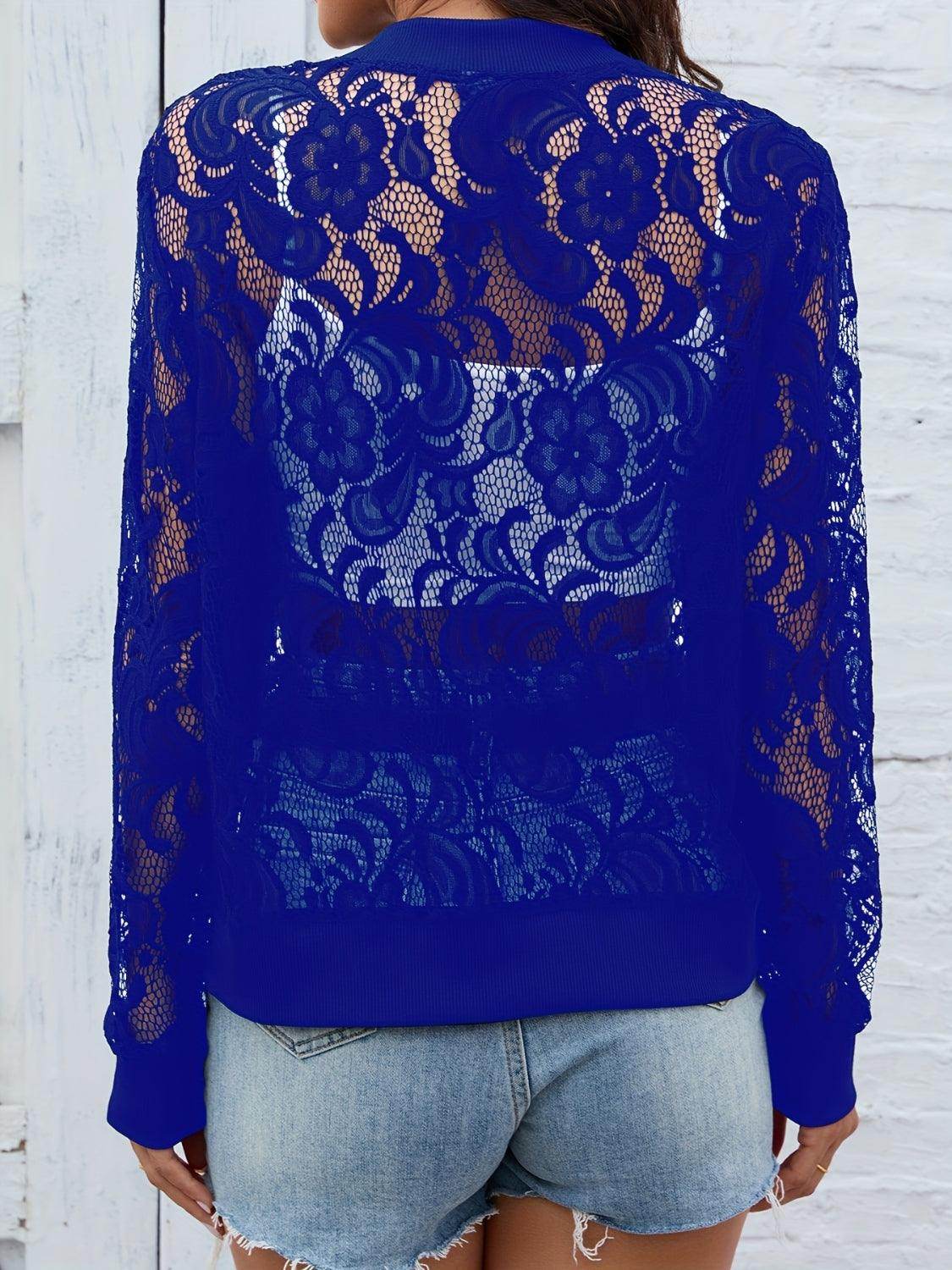 Sheer Lace Zip Up Long Sleeve Jacket for Women Fashion - Selvanelle