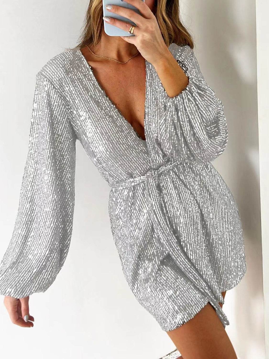 Full Size Sequin Surplice Tie Waist Long Sleeve Romper - Selvanelle