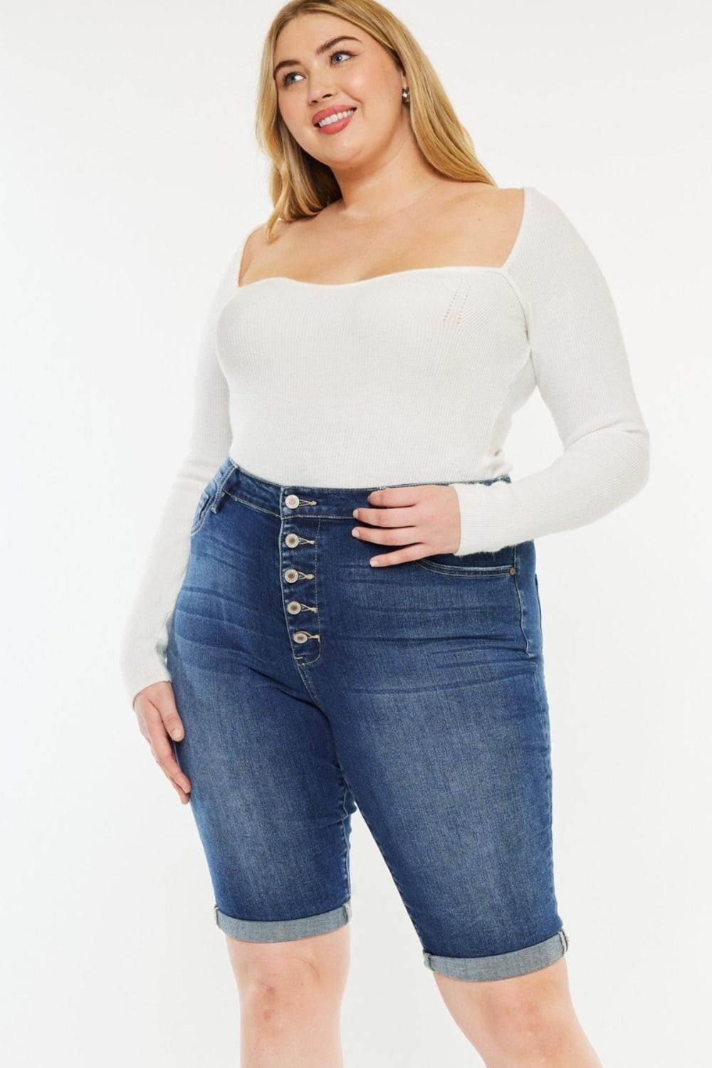 Kancan Full Size Cat's Whiskers Button Fly Denim Shorts - Selvanelle