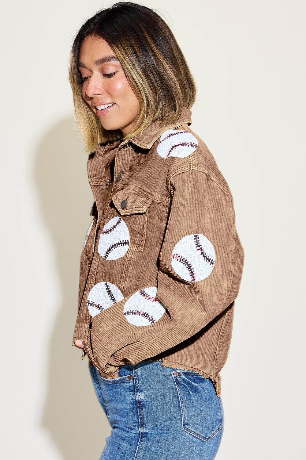 Baseball Sequin Dropped Shoulder Raw Hem Jacket for Women - Selvanelle