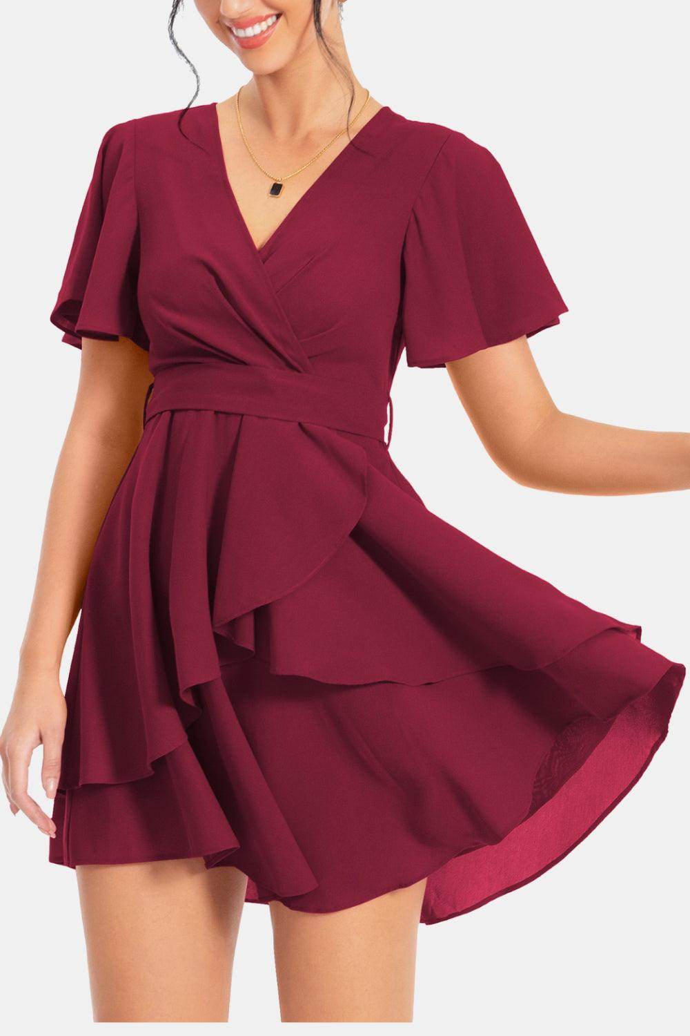 Surplice Neck Flutter Sleeve Dress for Chic Summer Style - Selvanelle