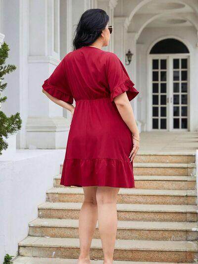 Plus Size Ruched Surplice Flounce Sleeve Mini Dress Online - Selvanelle