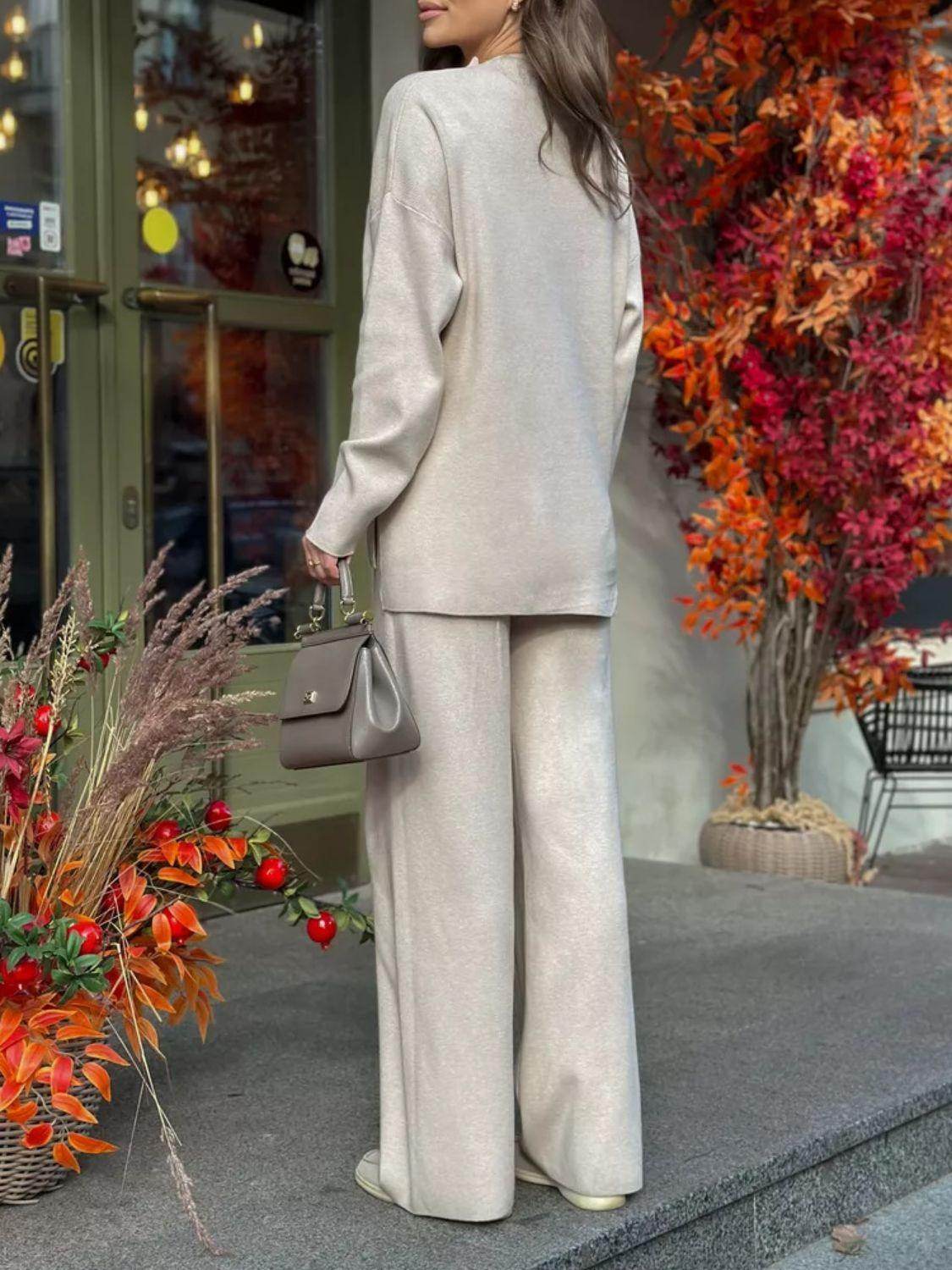 Slit Mock Neck Top and Pants Sweater Set for Women - Selvanelle