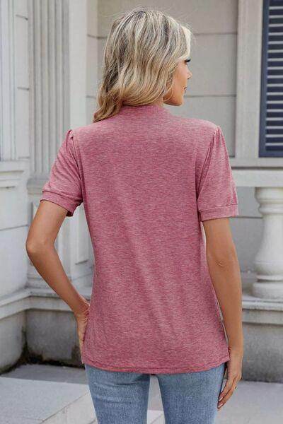 Notched Short Sleeve Solid Color Top for Everyday Style - Selvanelle