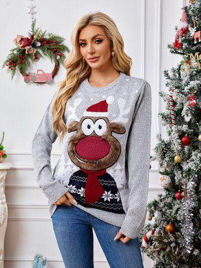 Reindeer Round Neck Long Sleeve Sweater for Women - Selvanelle