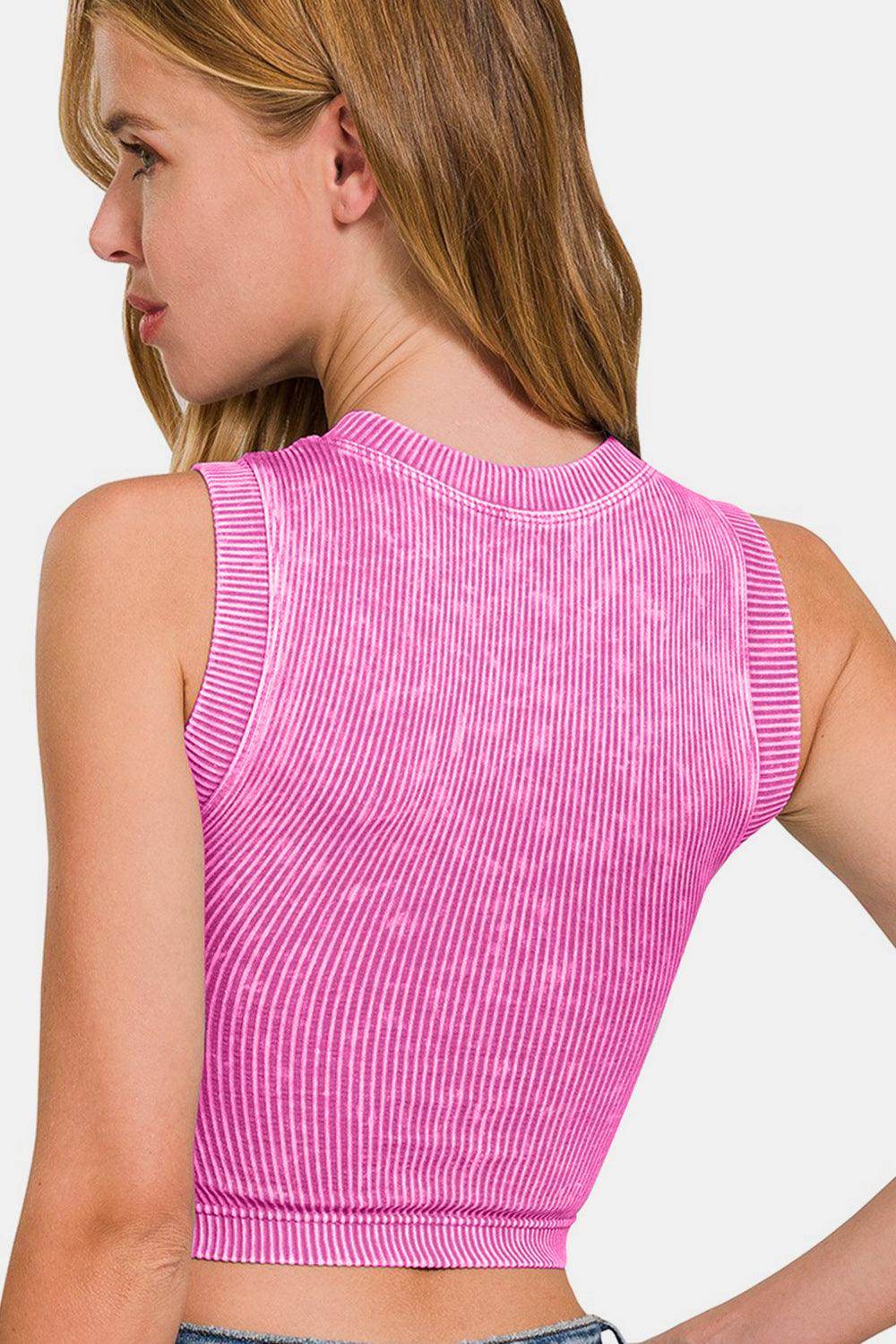 Zenana Washed Ribbed Seamless Crop Tank with Bra Pad - Selvanelle