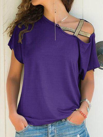 Asymmetrical Neck Short Sleeve T-Shirt for Women Fashion - Selvanelle