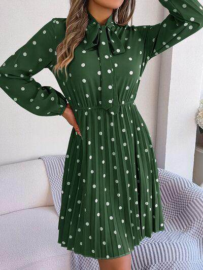 Polka Dot Tie Neck Pleated Dress for Stylish Occasions - Selvanelle