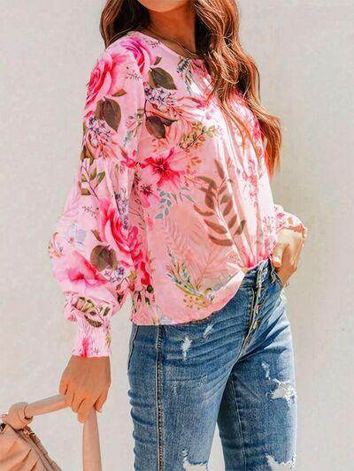 Smocked Printed Round Neck Lantern Sleeve Blouse for Women - Selvanelle