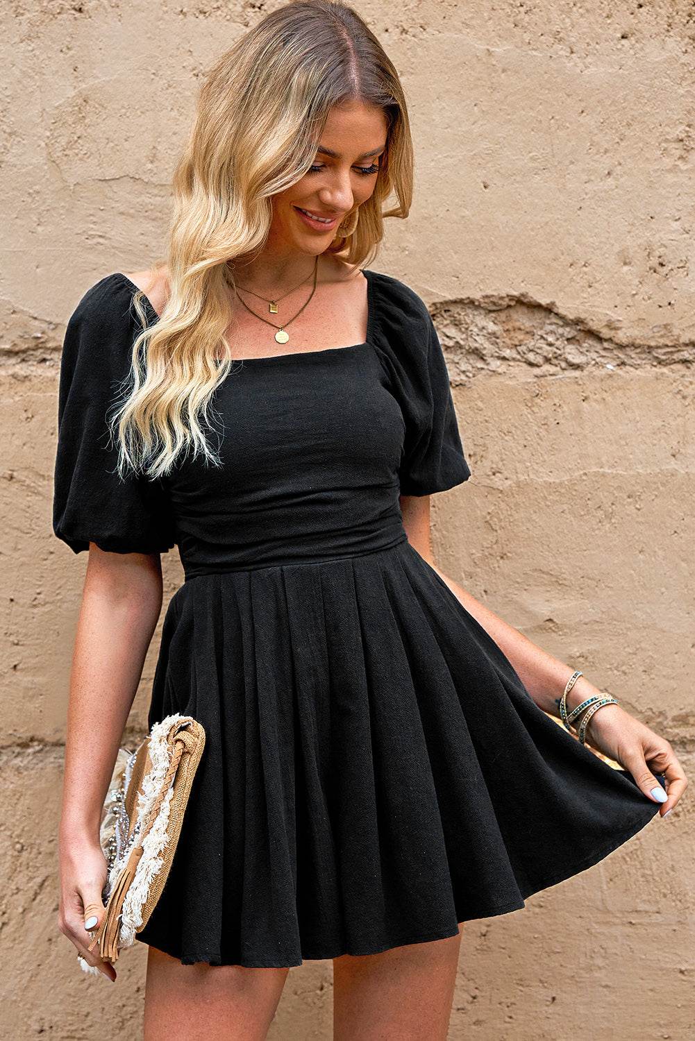 Square Neck Pleated Romper with Pockets - Selvanelle