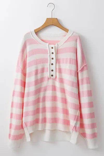 Exposed Seam Striped Round Neck Long Sleeve Sweater for Women - Selvanelle