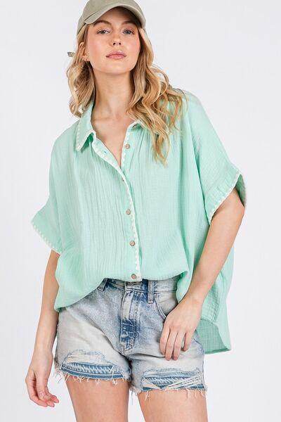 SAGE+FIG Boho Contrast Zigzag Trim Button-Up Shirt - Selvanelle
