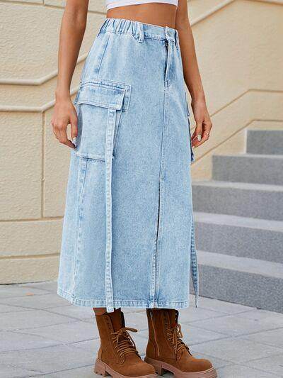 Slit Pocketed High Waist Denim Skirt for Women - Selvanelle