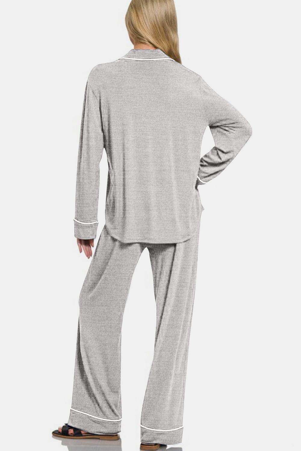 Zenana Button Down Long Sleeve Top and Pants Lounge Set - Selvanelle