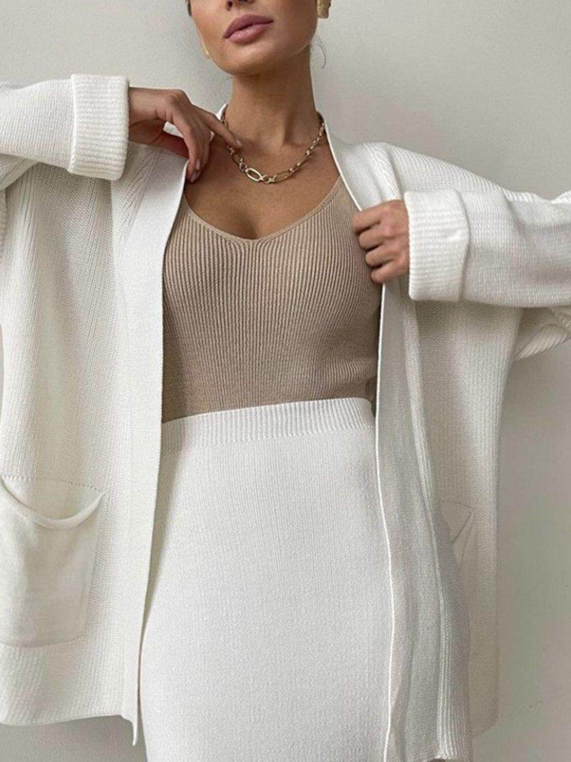Pocketed Long Sleeve Cardigan and Skirt Sweater Set - Selvanelle