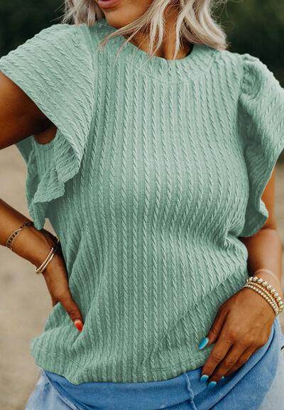 Textured Round Neck Flounce Sleeve Blouse for Stylish Wear - Selvanelle