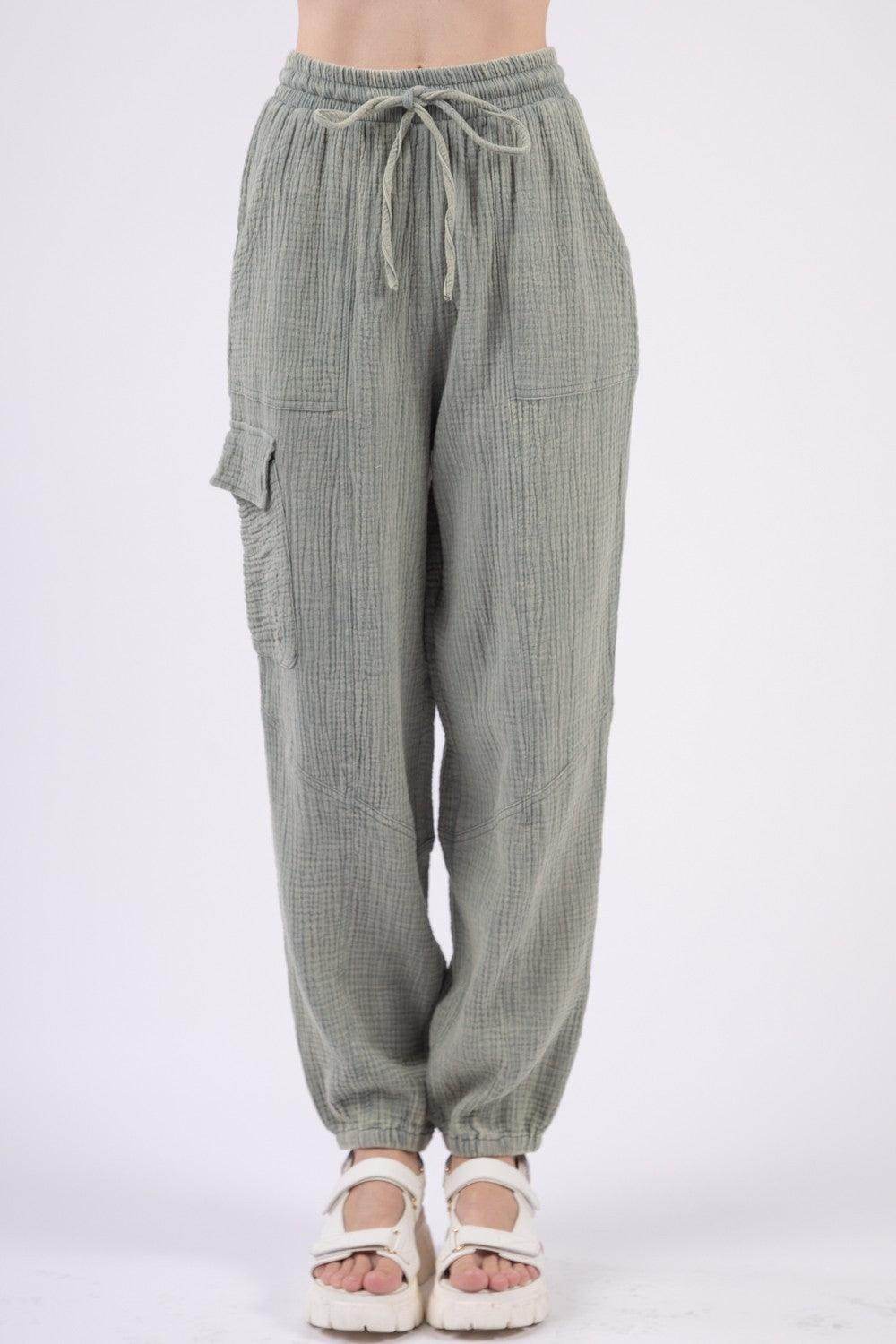 Very J Washed Woven Crinkle Gauze Drawstring Pants - Selvanelle