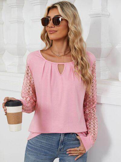 Cutout Round Neck Long Sleeve T-Shirt with Lace Detail - Selvanelle