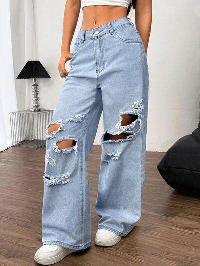 Distressed Wide Leg Jeans with Pockets for Women - Selvanelle