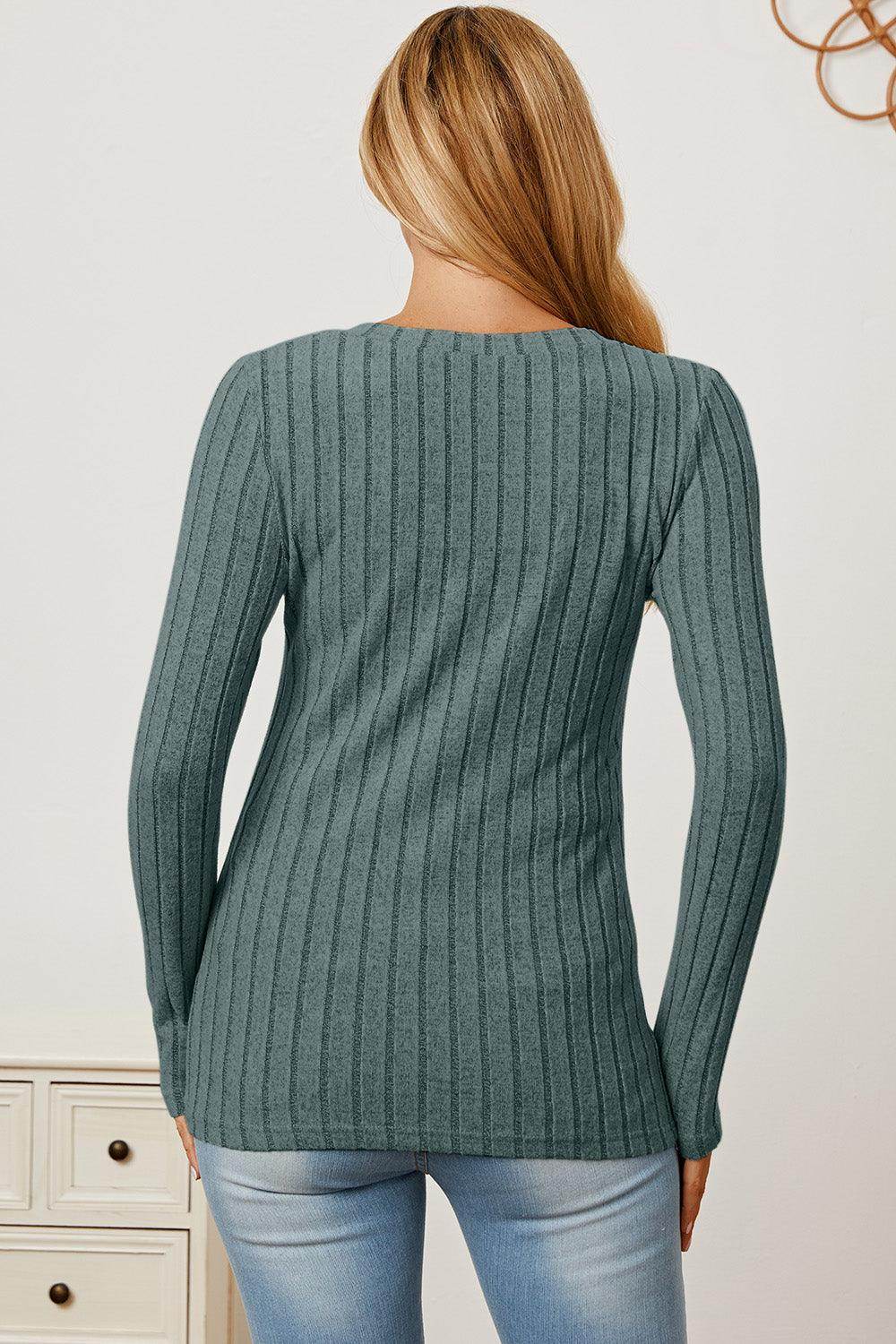 Basic Bae Full Size Ribbed V-Neck Long Sleeve T-Shirt - Selvanelle