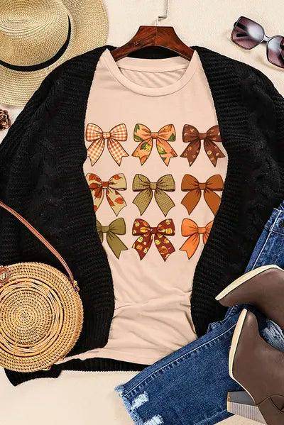 Bow Graphic Round Neck Short Sleeve T-Shirt for Women - Selvanelle