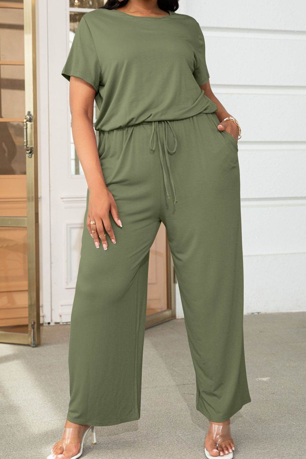 Plus Size Drawstring Waist Short Sleeve Jumpsuit - Selvanelle