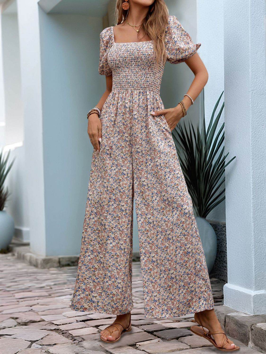 Perfee Ditsy Floral Smocked Square Neck Puff Sleeve Jumpsuit - Selvanelle