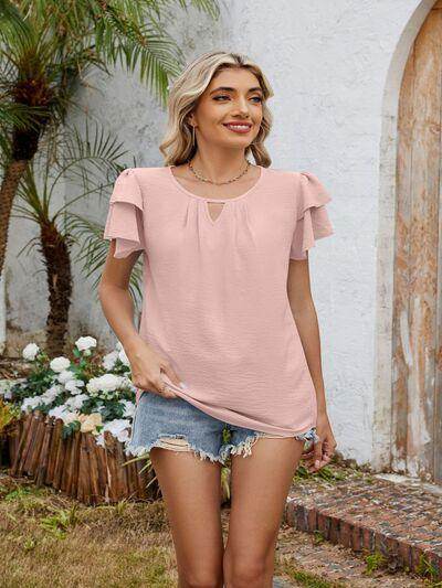Cutout Round Neck Short Sleeve Blouse for Women Fashion - Selvanelle