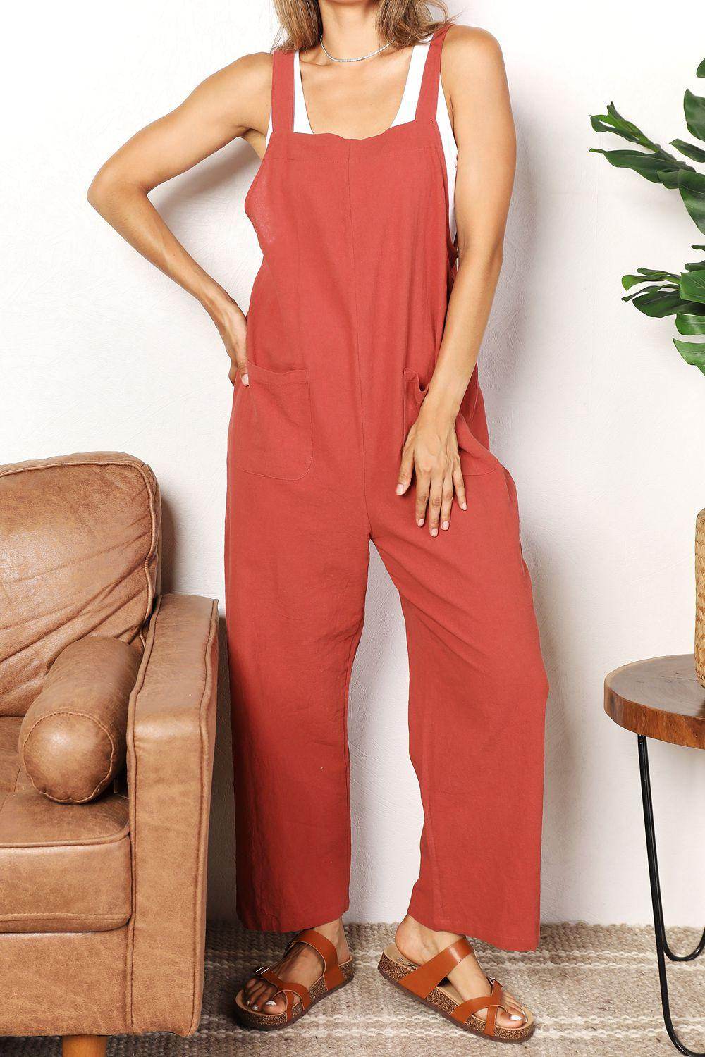 Perfee Wide Leg Overalls with Front Pockets for Women - Selvanelle