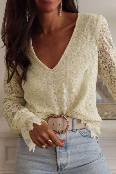 Lace Detail V-Neck Long Sleeve Blouse for Women Fashion - Selvanelle