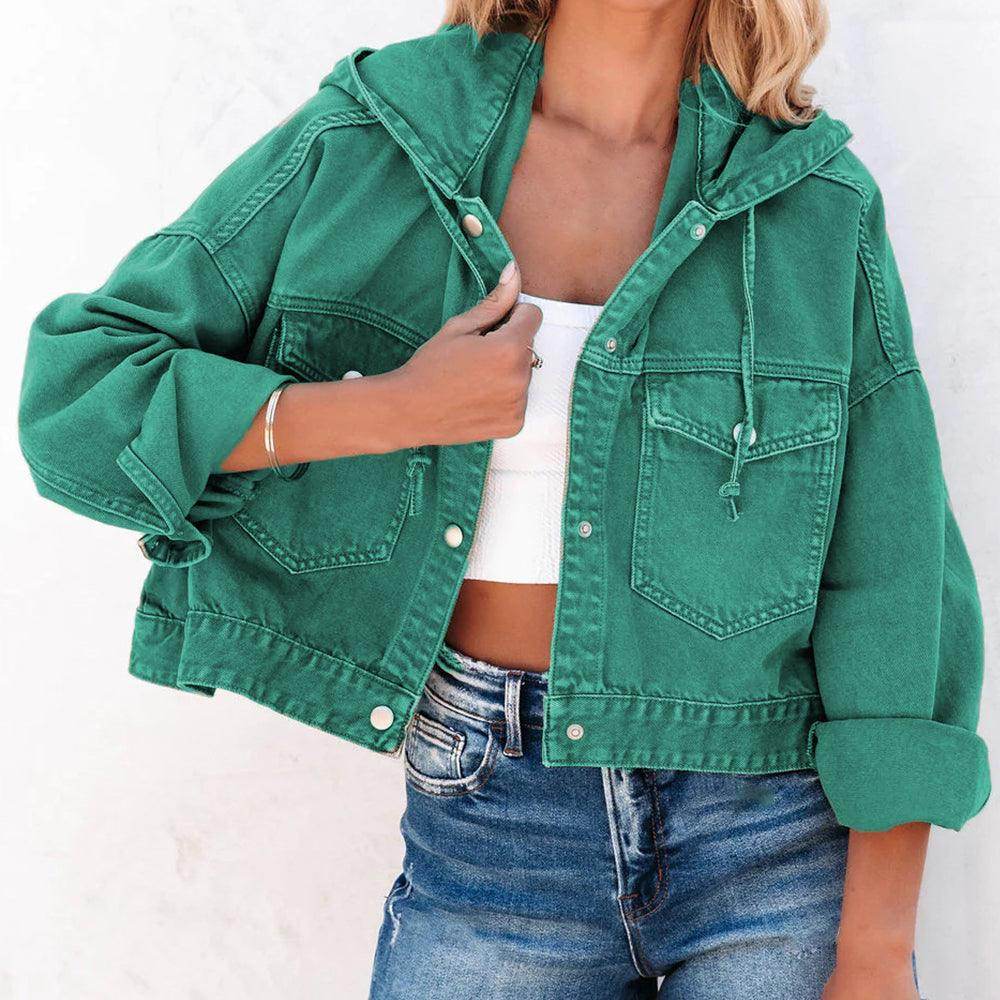 Hooded Dropped Shoulder Denim Jacket for Women Casual Wear - Selvanelle
