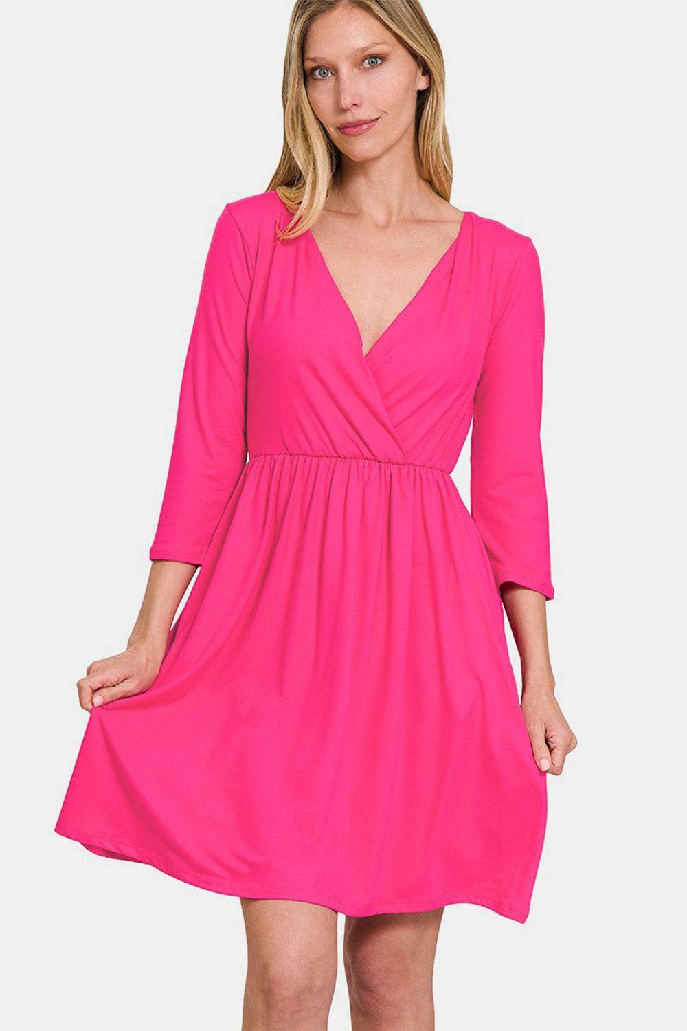 Zenana Three-Quarter Sleeve Surplice Dress with Pockets - Selvanelle