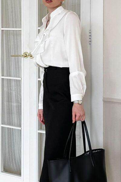 Ruffled Notched Long Sleeve Shirt for Women Stylish Fashion - Selvanelle
