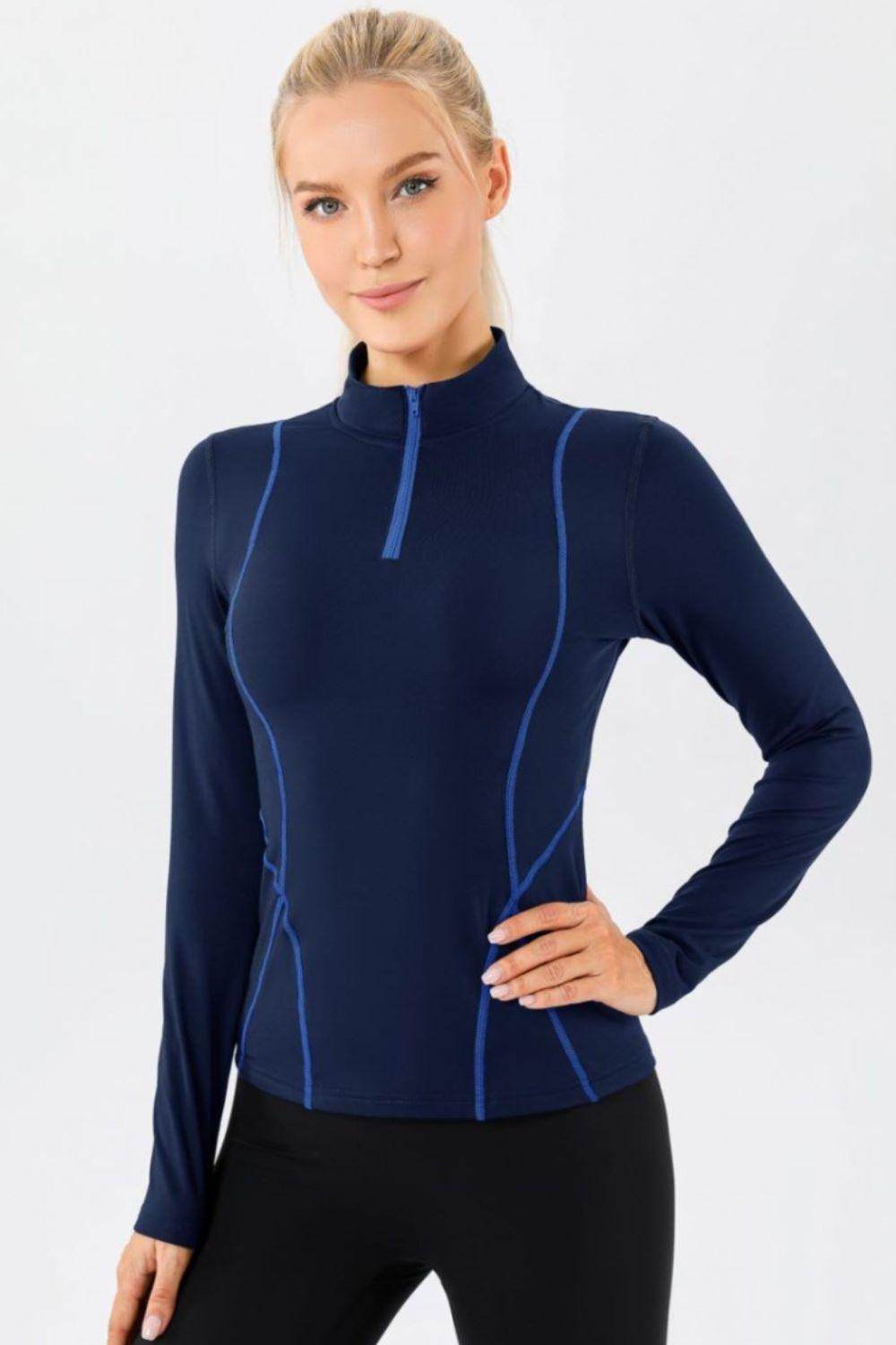 Mock Neck Quarter Zip Active T-Shirt for Women Sports - Selvanelle