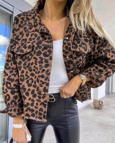 Raw Hem Leopard Collared Neck Denim Jacket for Women - Selvanelle