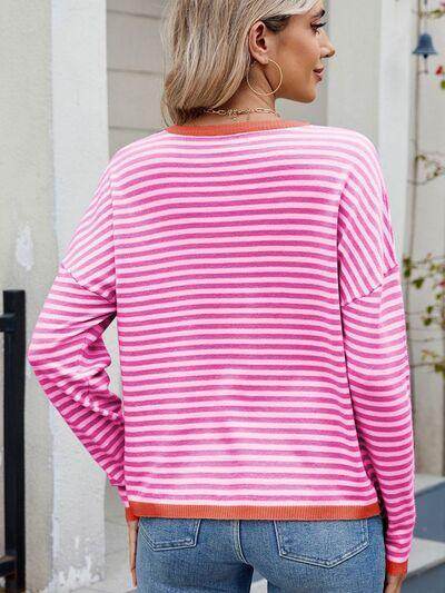 Striped Contrast Round Neck Long Sleeve Sweater for Women - Selvanelle