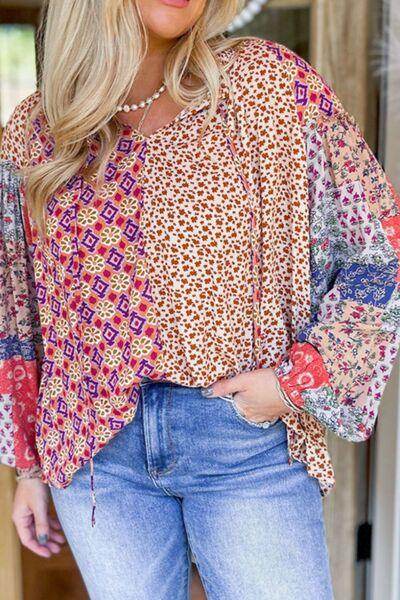 Printed Tie Neck Long Sleeve Blouse for Women Fashion - Selvanelle