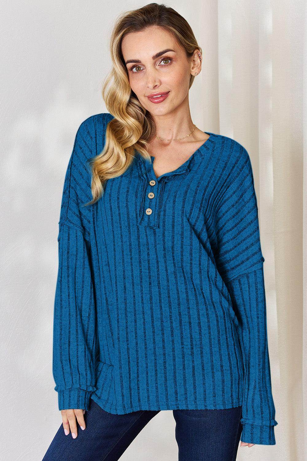 Basic Bae Full Size Ribbed Half Button Long Sleeve T-Shirt - Selvanelle