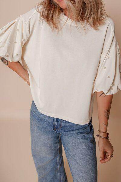 Pearl Detail Round Neck Half Sleeve Blouse for Women - Selvanelle