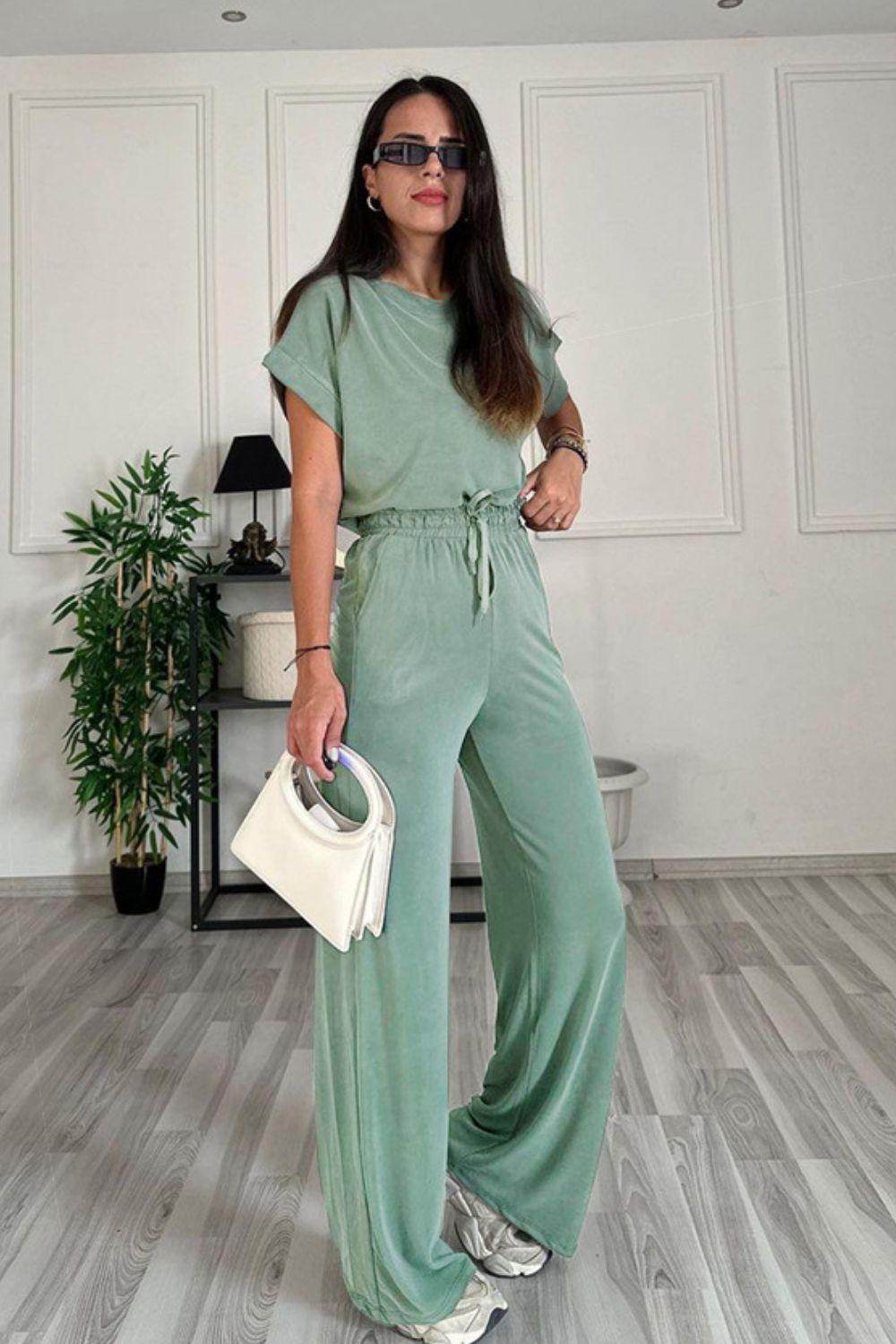 Round Neck Short Sleeve Top and Drawstring Pants Set for Women - Selvanelle