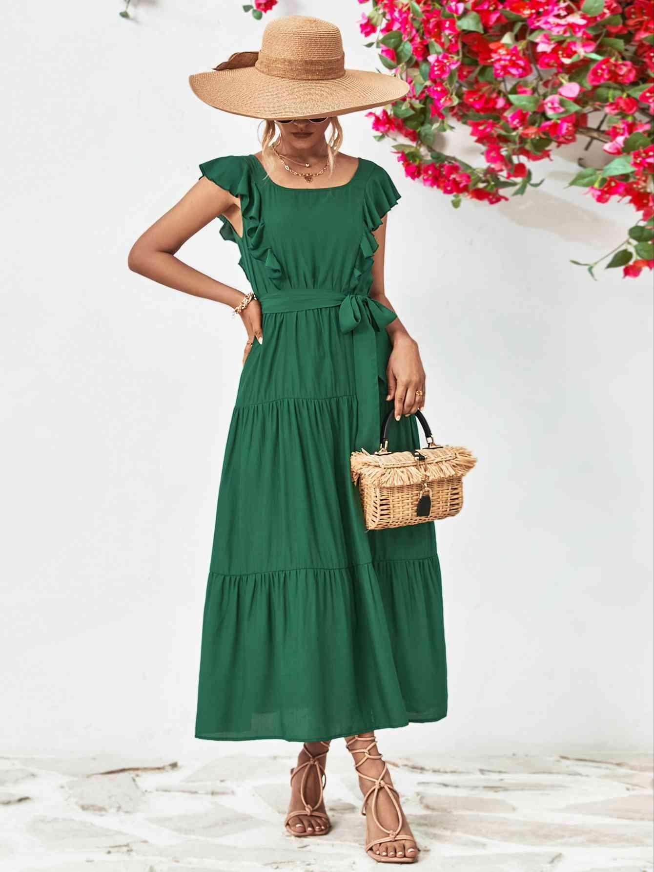 Tie Belt Ruffled Tiered Dress for Chic Midi Style - Selvanelle