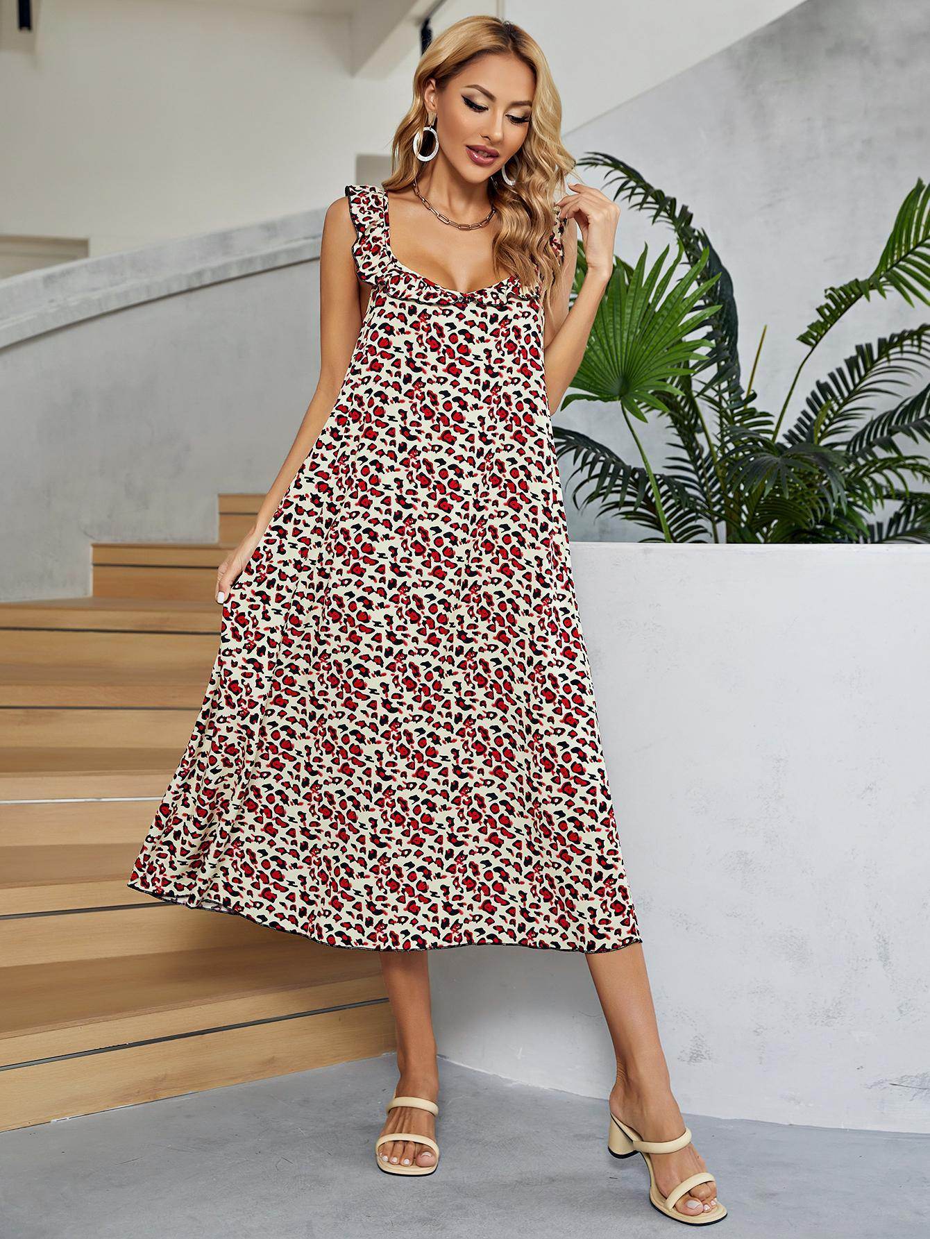 Printed Ruffled Sleeveless Midi Dress for Chic Style - Selvanelle