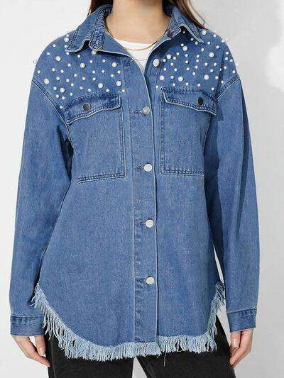 Raw Hem Pearl Trim Collared Neck Denim Top for Women - Selvanelle