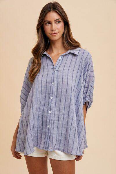 Annie Wear Striped Button Up Half Sleeve Shirt for Women - Selvanelle