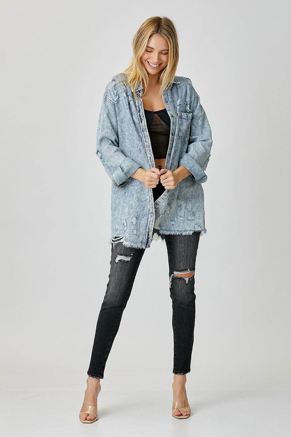 RISEN Distressed Raw Hem Denim Shirt for Casual Style - Selvanelle