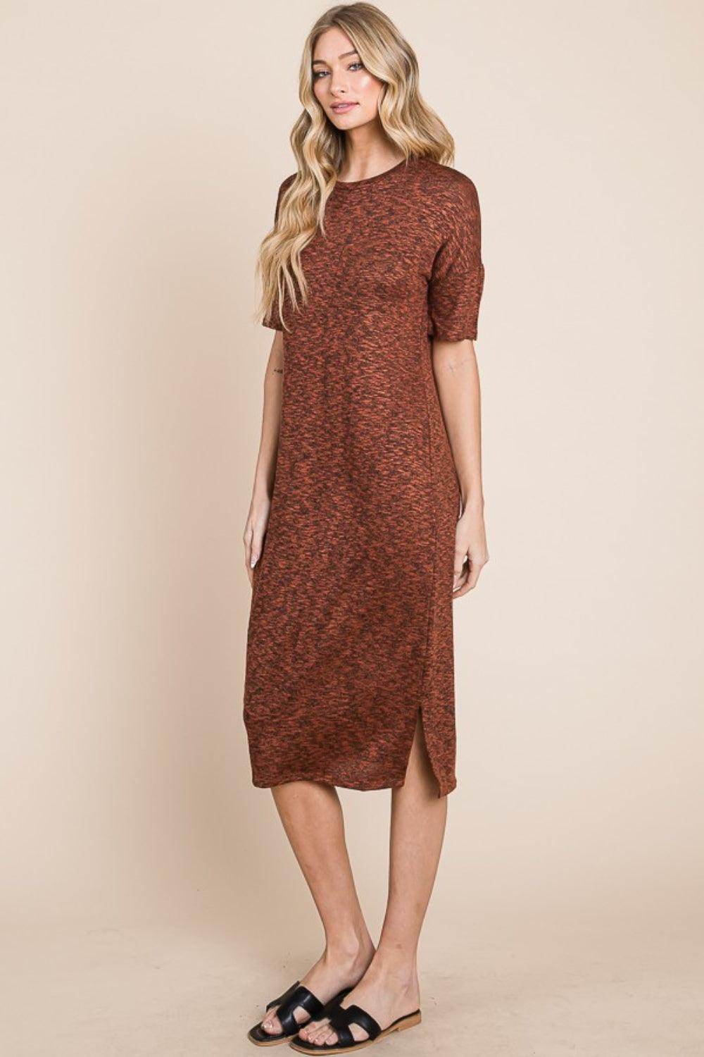BOMBOM Round Neck Side Slit Midi Dress for Casual Elegance - Selvanelle