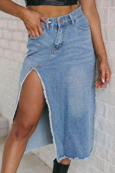 Raw Hem Slit Denim Skirt with Pockets for Women - Selvanelle