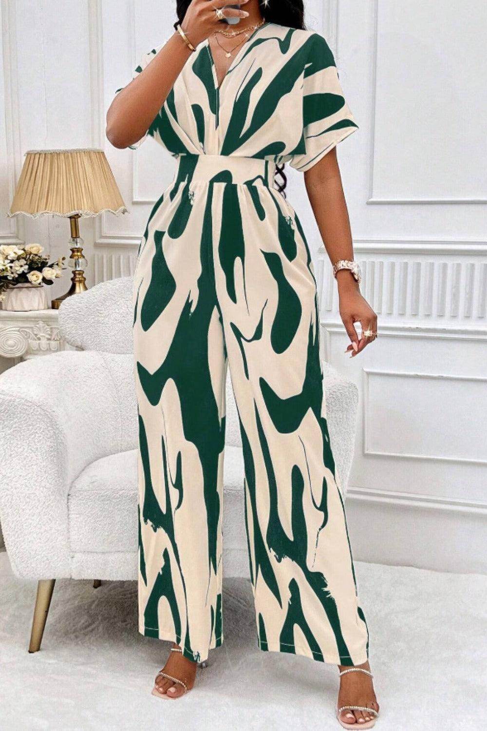 Printed V-Neck Short Sleeve Wide Leg Jumpsuit for Women - Selvanelle